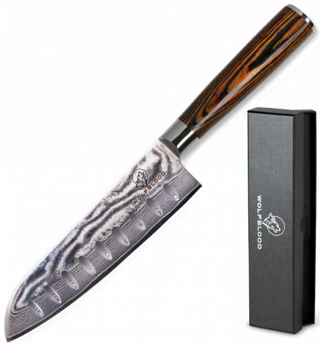Damastmesser Küchenmesser Wolfblood XL (30 cm) Santoku Messer aus Damaststahl I Damast-Küchenmesser und Profi-Kochmesser mit Holzgriff